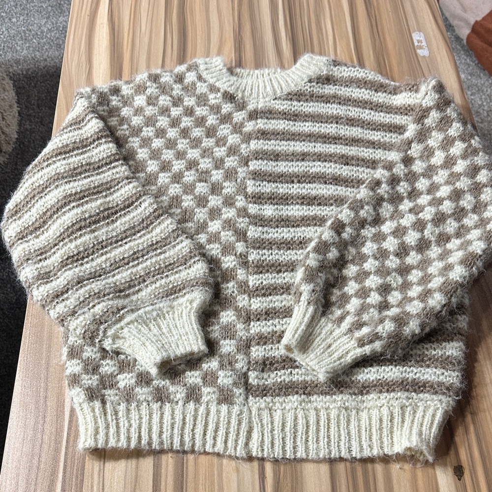 Altar'd State Cream and Brown Patterned Sweater